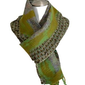 Lightweight Nuno Felted Merino Wool and Silk Green Patterned Women’s Scarf